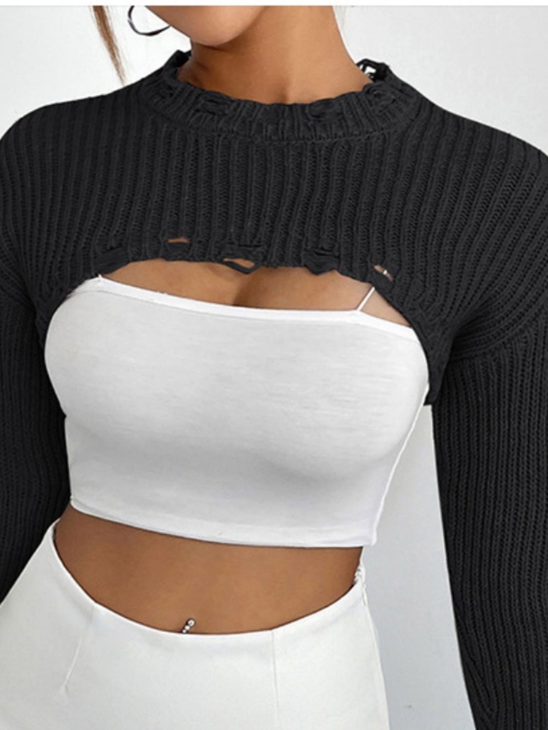 Distressed Long Sleeve Cropped Sweater - Tantalize Boutique