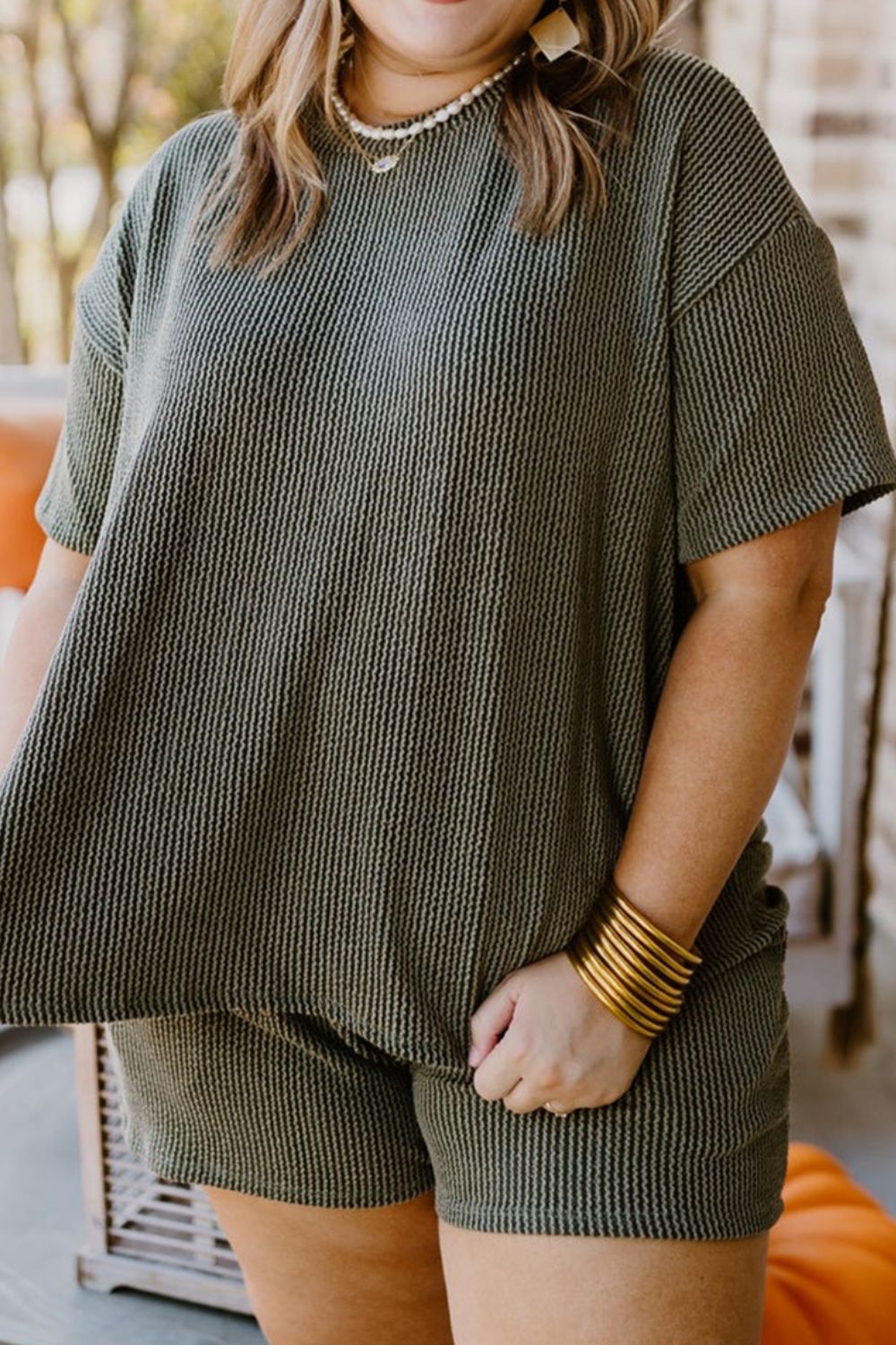 Plus Size Round Neck Top and Pocketed Shorts Set - Tantalize Boutique
