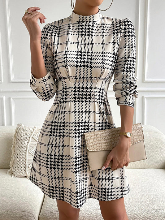 Houndstooth Mock Neck Cinched Mini Dress - Tantalize Boutique