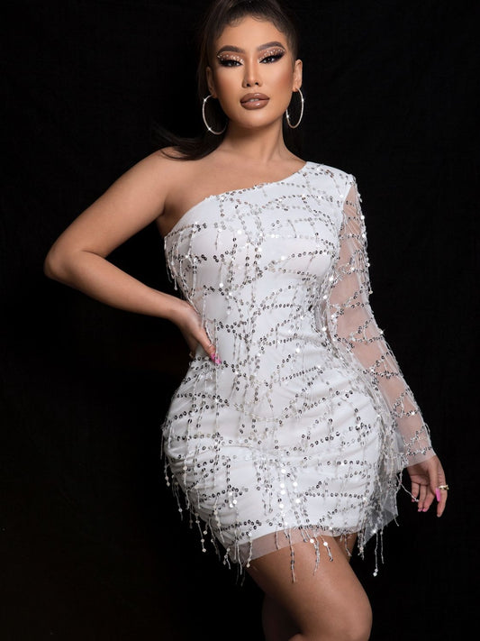 Sequin One Shoulder Spliced Mesh Sleeve Dress - Tantalize Boutique