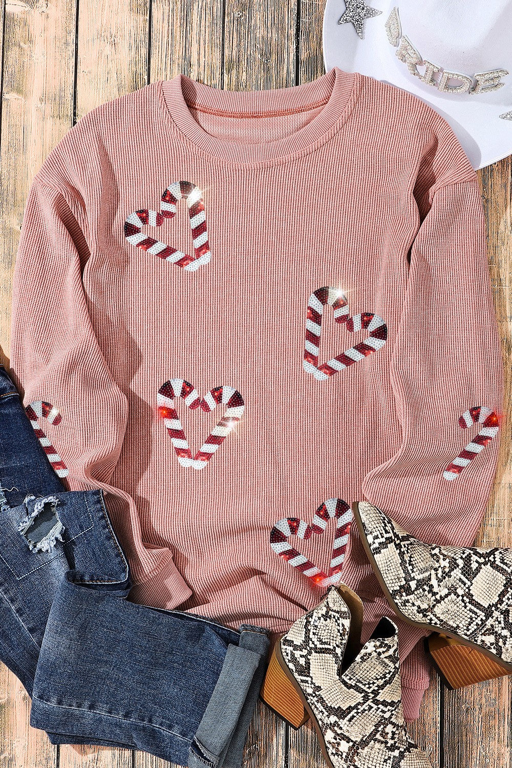 Candy Cane Sequin Dropped Shoulder Sweatshirt - Tantalize Boutique