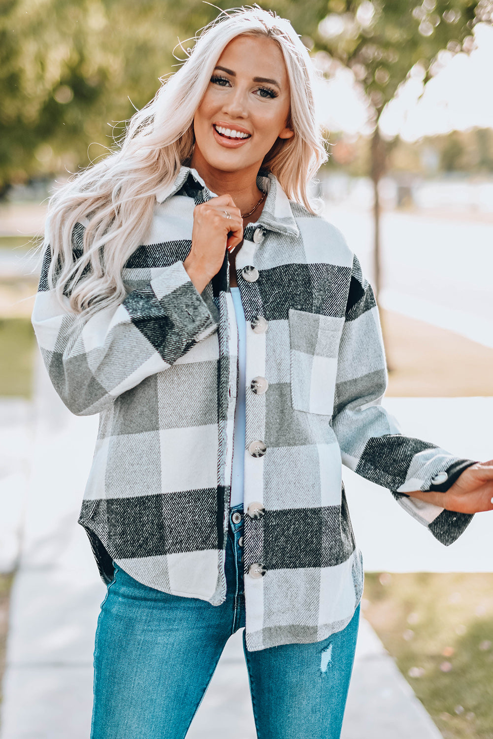 Plaid Button Up Dropped Shoulder Jacket - Tantalize Boutique