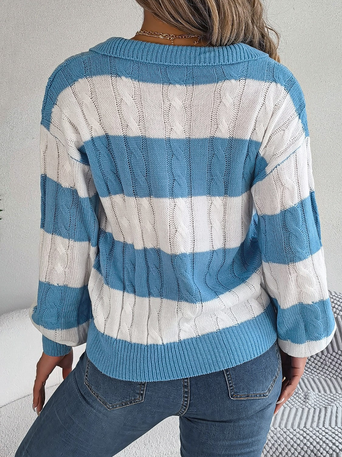 Cable-Knit Striped Long Sleeve Sweater - Tantalize Boutique