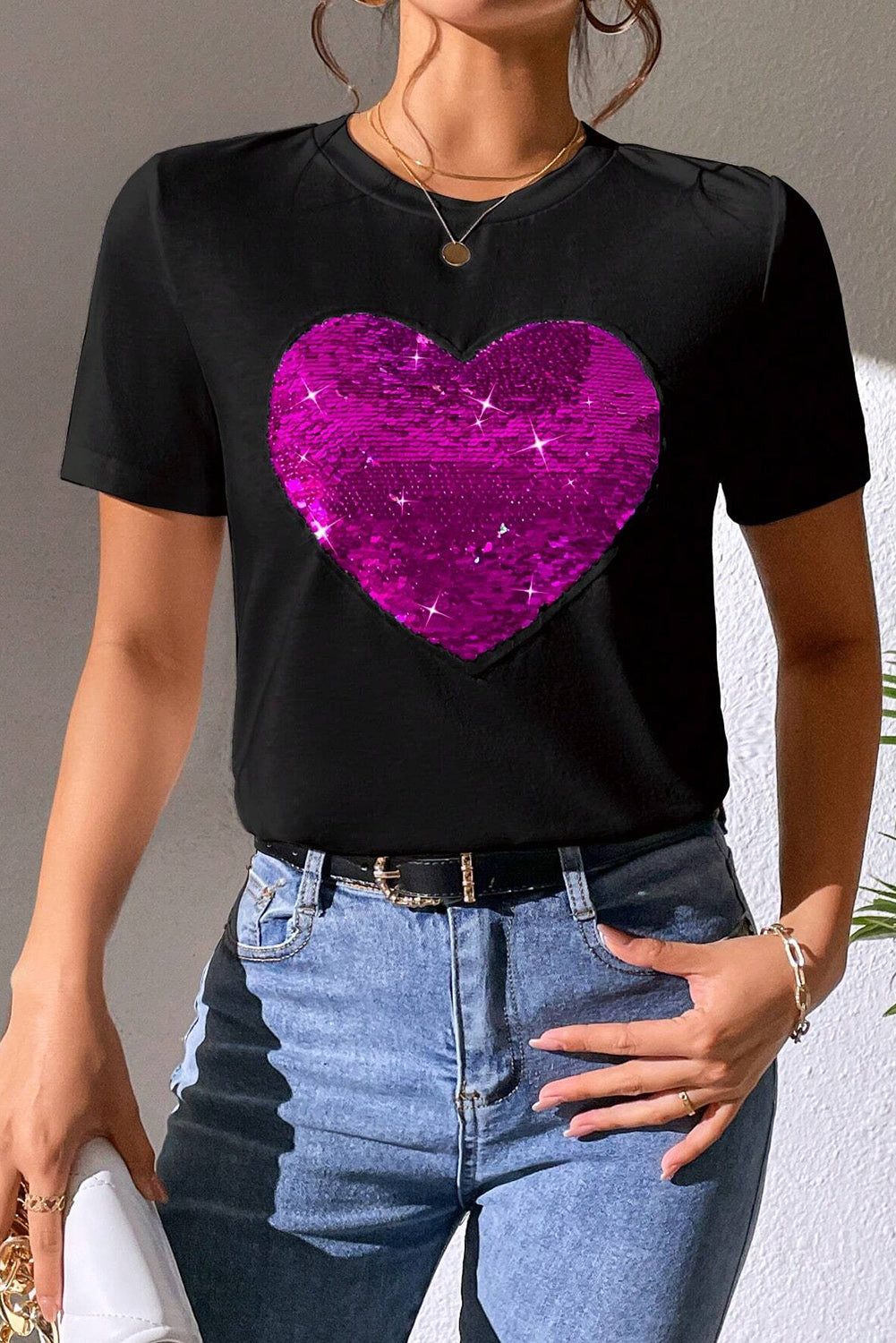 Heart Sequin Round Neck Short Sleeve T-Shirt - Tantalize Boutique