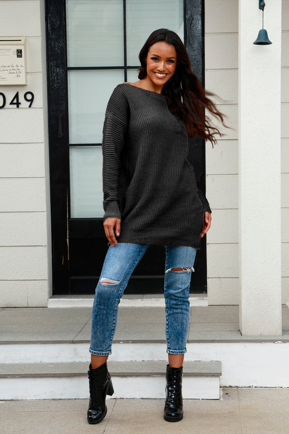 Boat Neck Dropped Shoulder Sweater - Tantalize Boutique