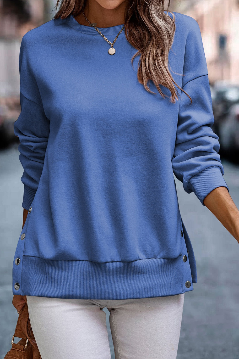 Snap Detail Round Neck Dropped Shoulder Sweatshirt - Tantalize Boutique