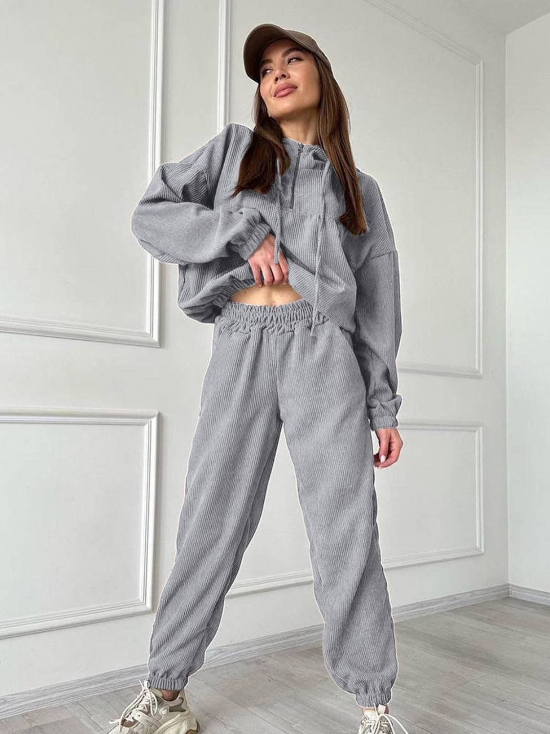 Half Zip Drawstring Hoodie and Pants Set - Tantalize Boutique