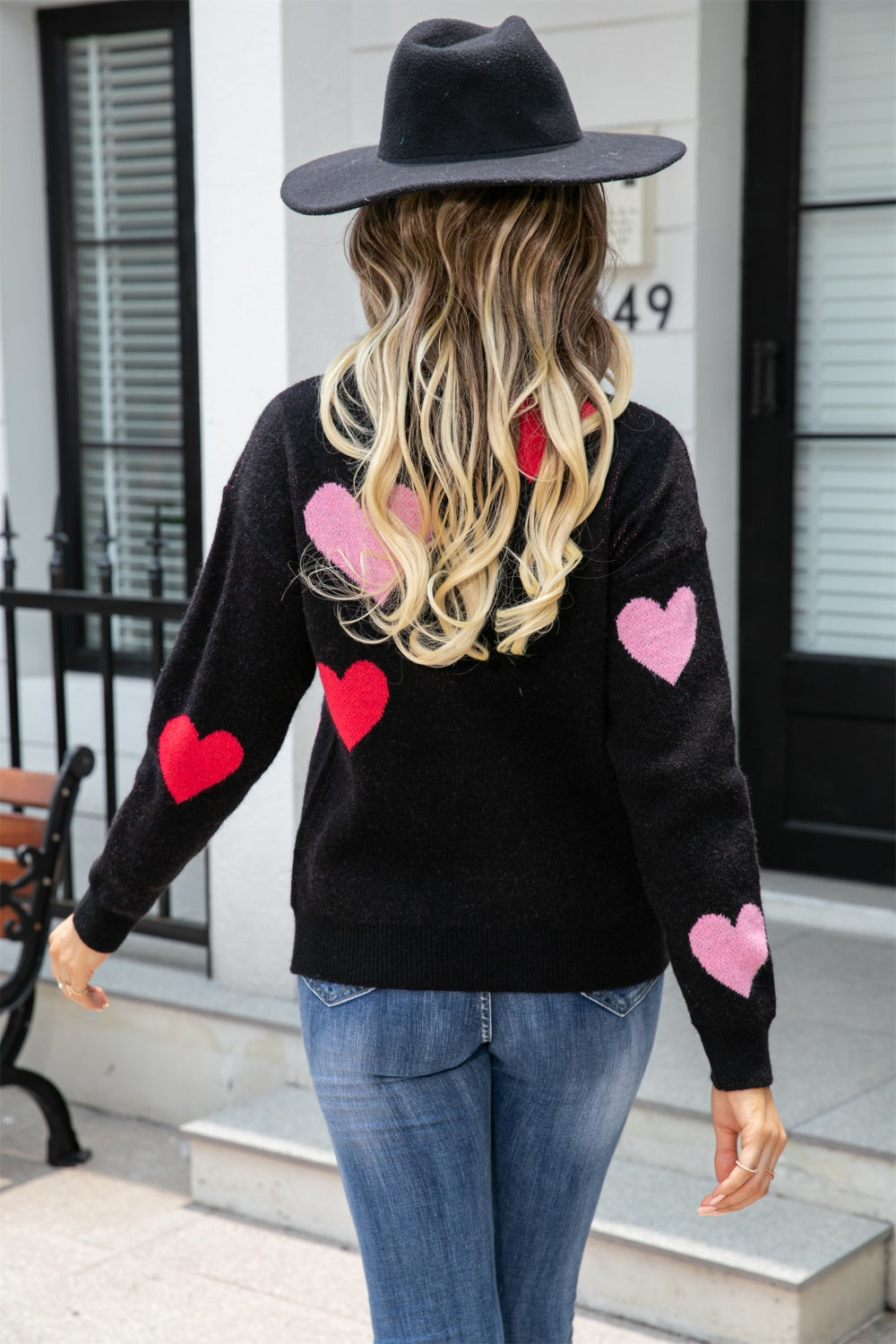 Heart Round Neck Droppped Shoulder Sweater - Tantalize Boutique