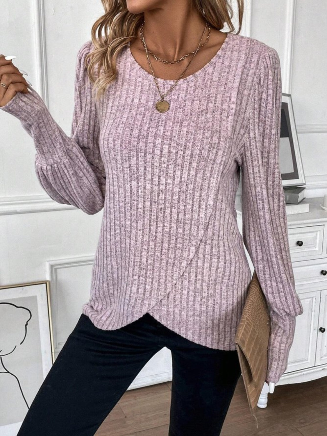 Ribbed Round Neck Long Sleeve Knit Top - Tantalize Boutique