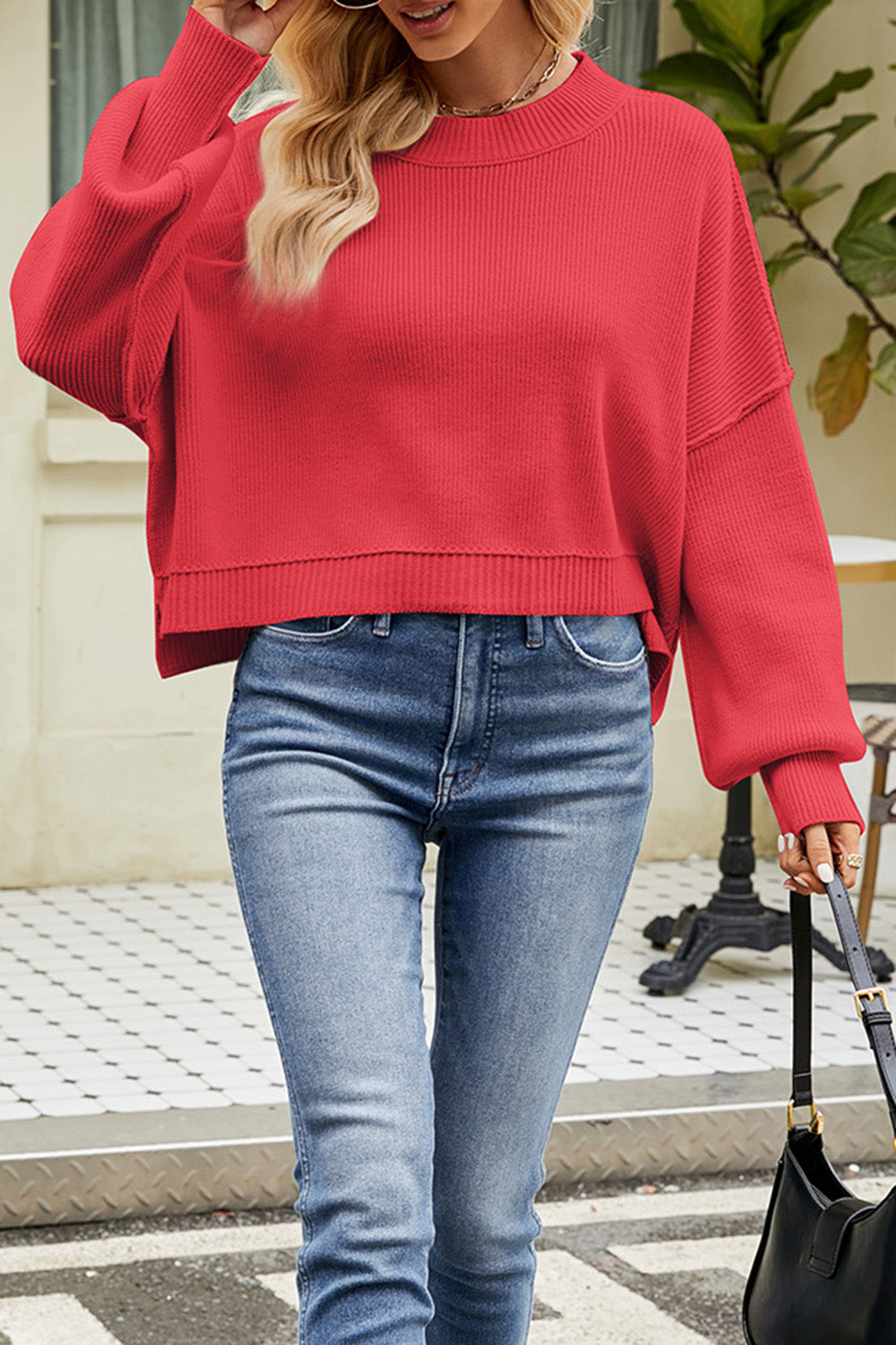 Round Neck Dropped Shoulder Sweater - Tantalize Boutique