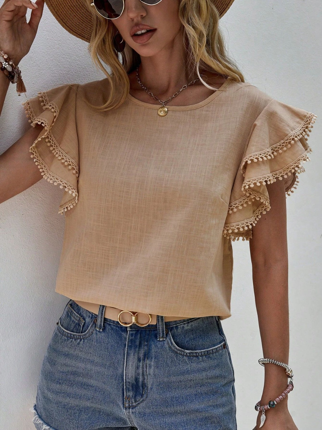 Ruffled Cap Sleeve Round Neck Blouse - Tantalize Boutique