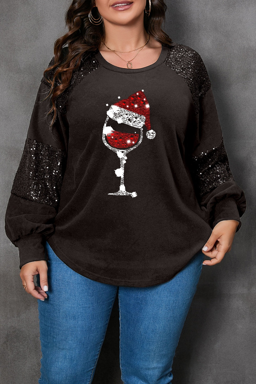 Plus Size Graphic Sequin Long Sleeve Round Neck T-Shirt - Tantalize Boutique