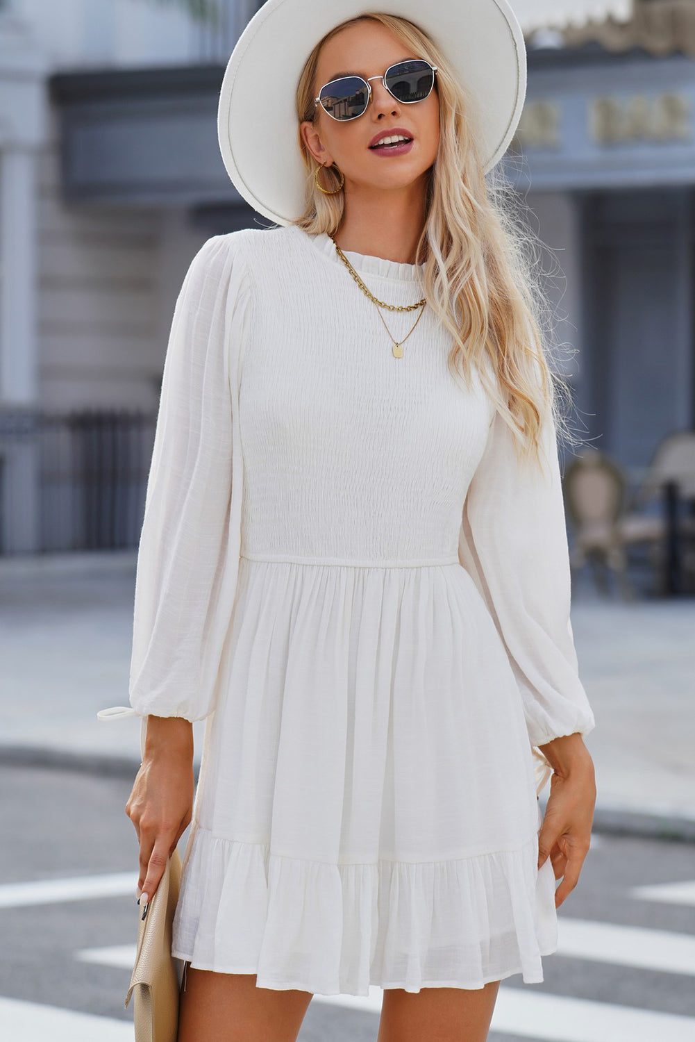 Smocked Tied Balloon Sleeve Mini Dress - Tantalize Boutique
