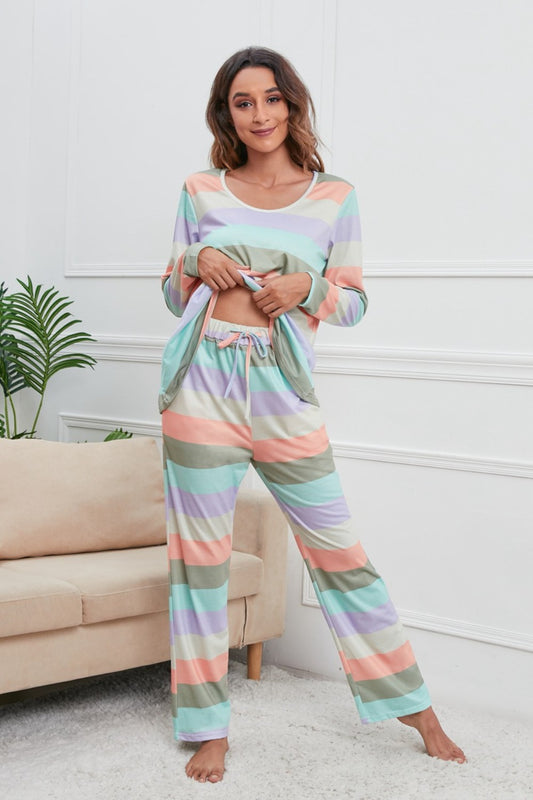 Striped Round Neck Long Sleeve Top and Drawstring Pants Lounge Set - Tantalize Boutique