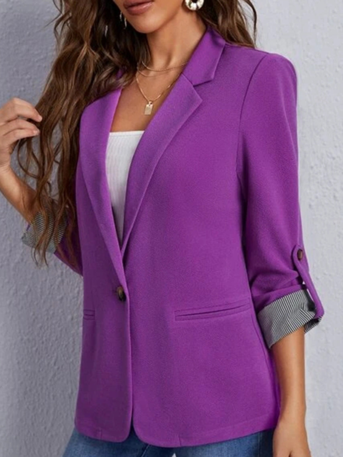 Lapel Collar Roll-Tab Sleeve Blazer - Tantalize Boutique