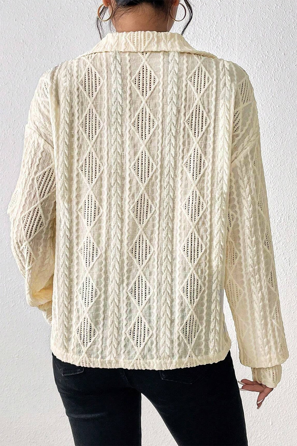 Eyelet Johnny Collar Dropped Shoulder Blouse - Tantalize Boutique