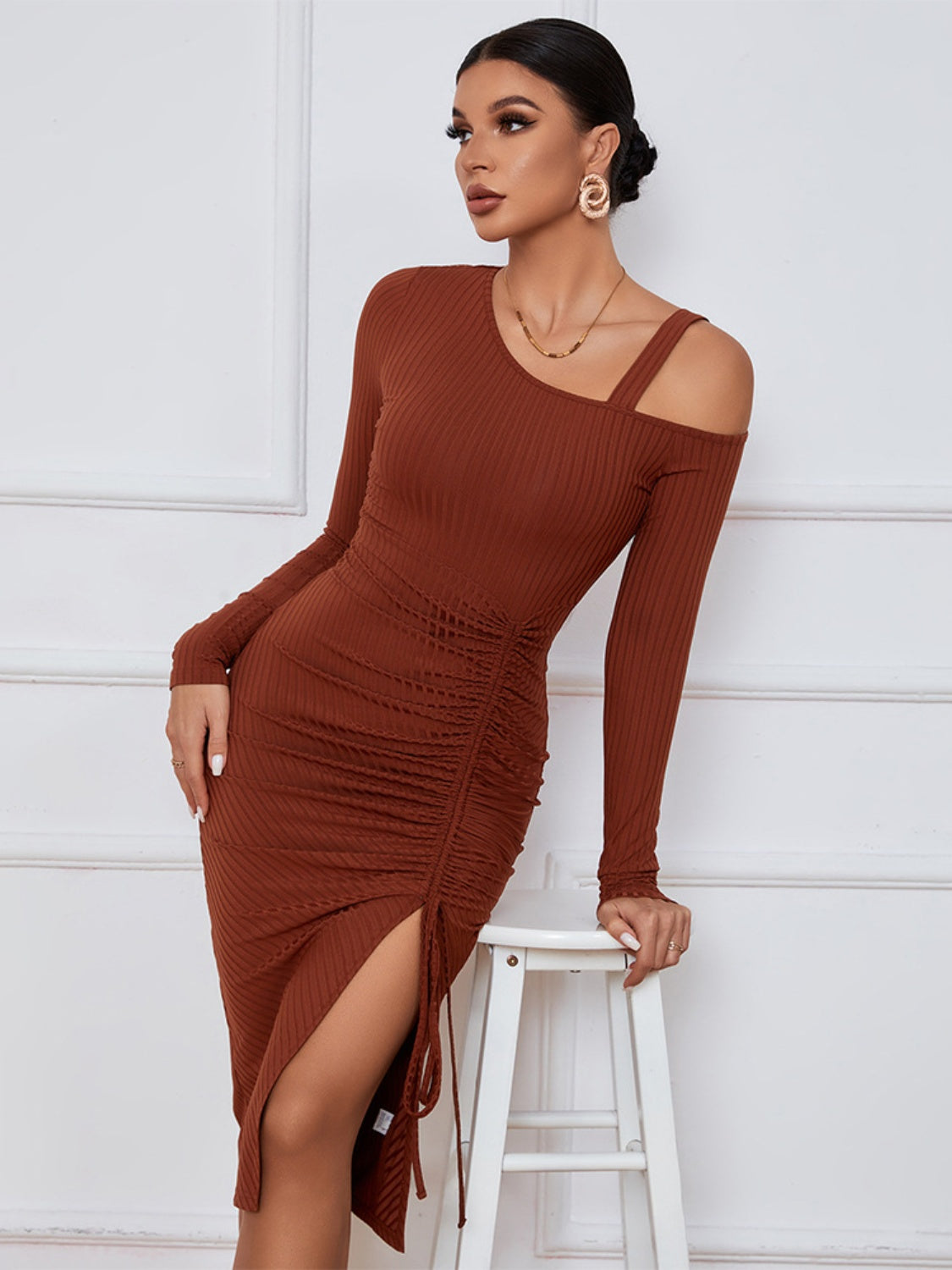 Ribbed Ruched Drawstring Wrap Dress - Tantalize Boutique