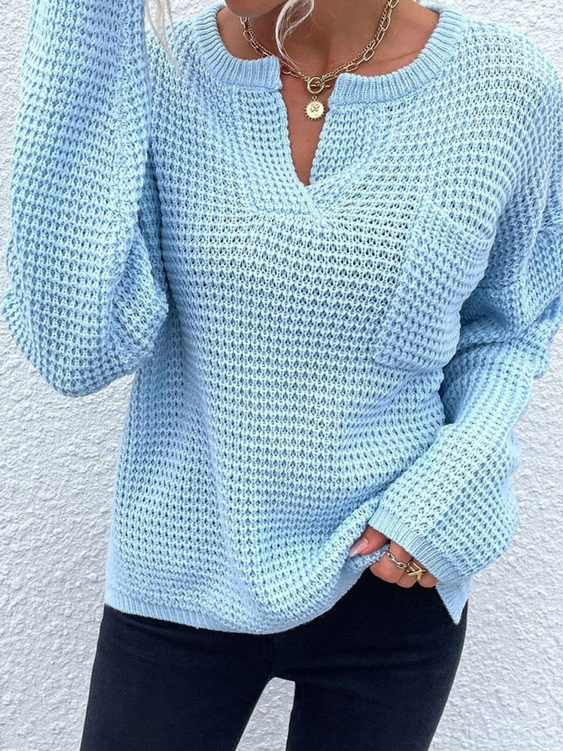Notched Long Sleeve Sweater - Tantalize Boutique