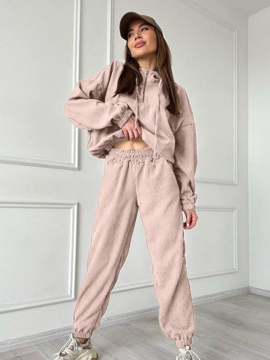 Half Zip Drawstring Hoodie and Pants Set - Tantalize Boutique