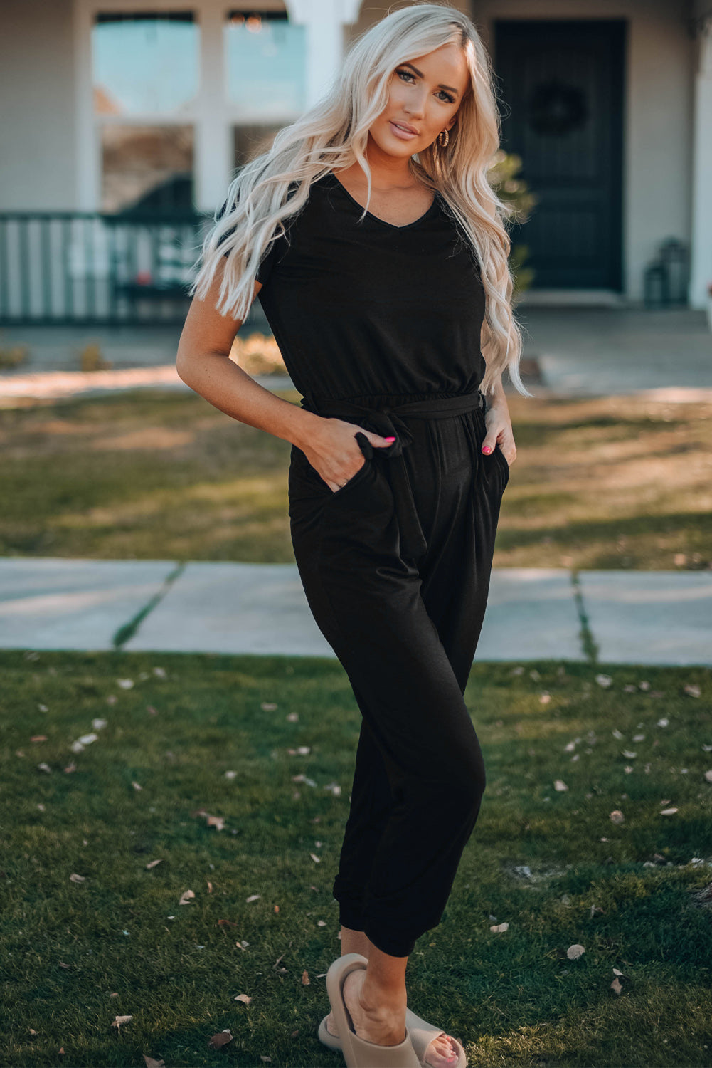 Belted V-Neck Jogger Jumpsuit - Tantalize Boutique