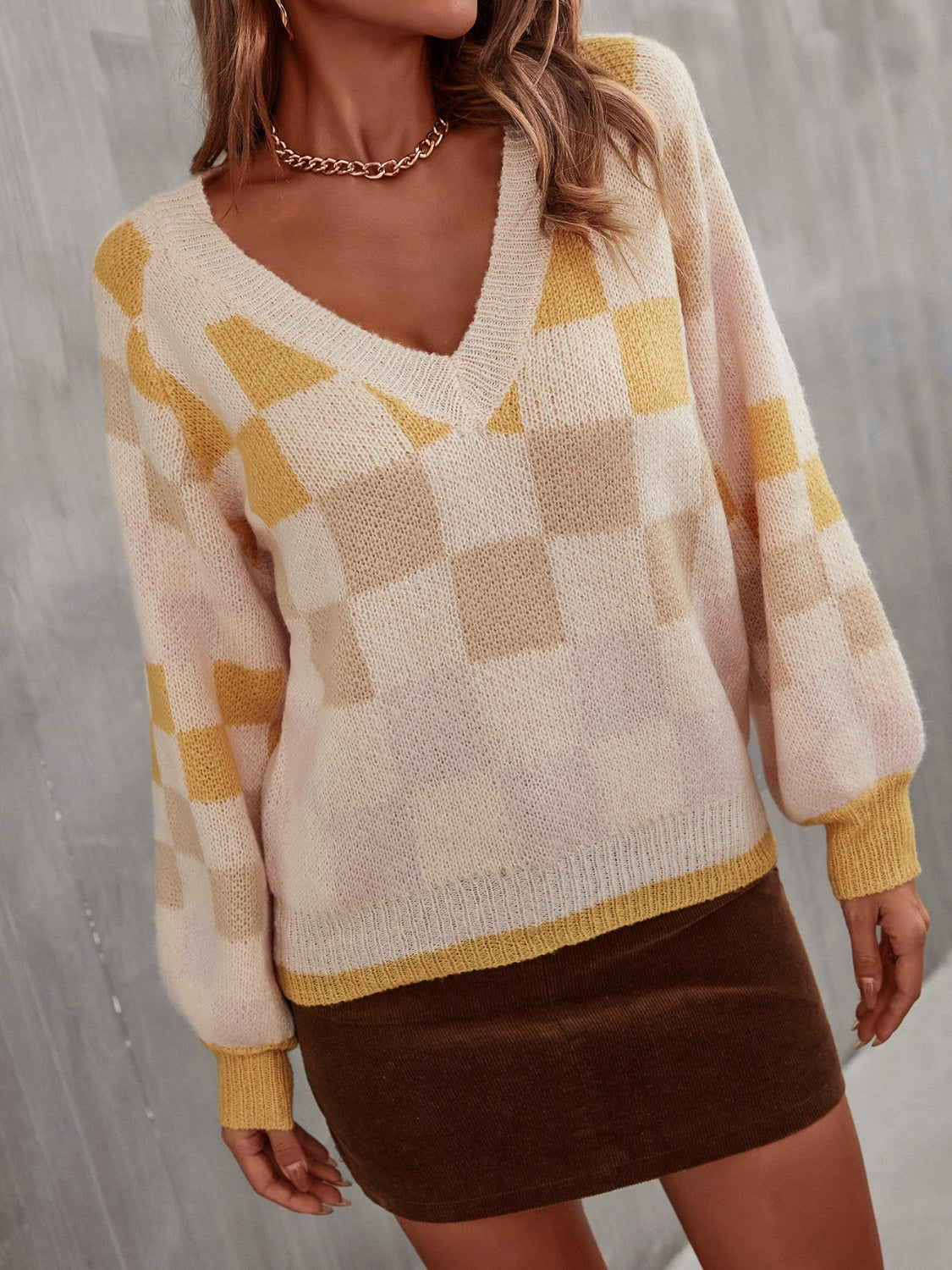 Checkered V-Neck Lantern Sleeve Sweater - Tantalize Boutique