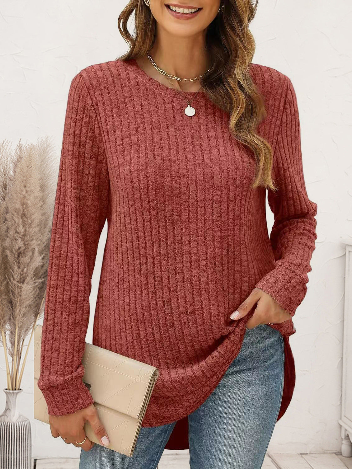 Ribbed Round Neck Long Sleeve T-Shirt - Tantalize Boutique