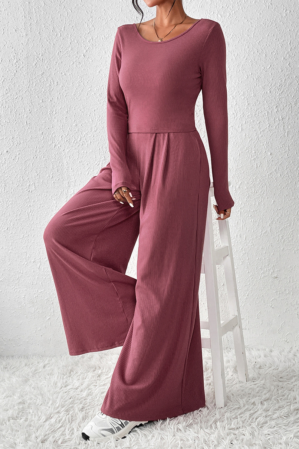 Ribbed Round Neck Top and Wide-Leg Pants Set - Tantalize Boutique