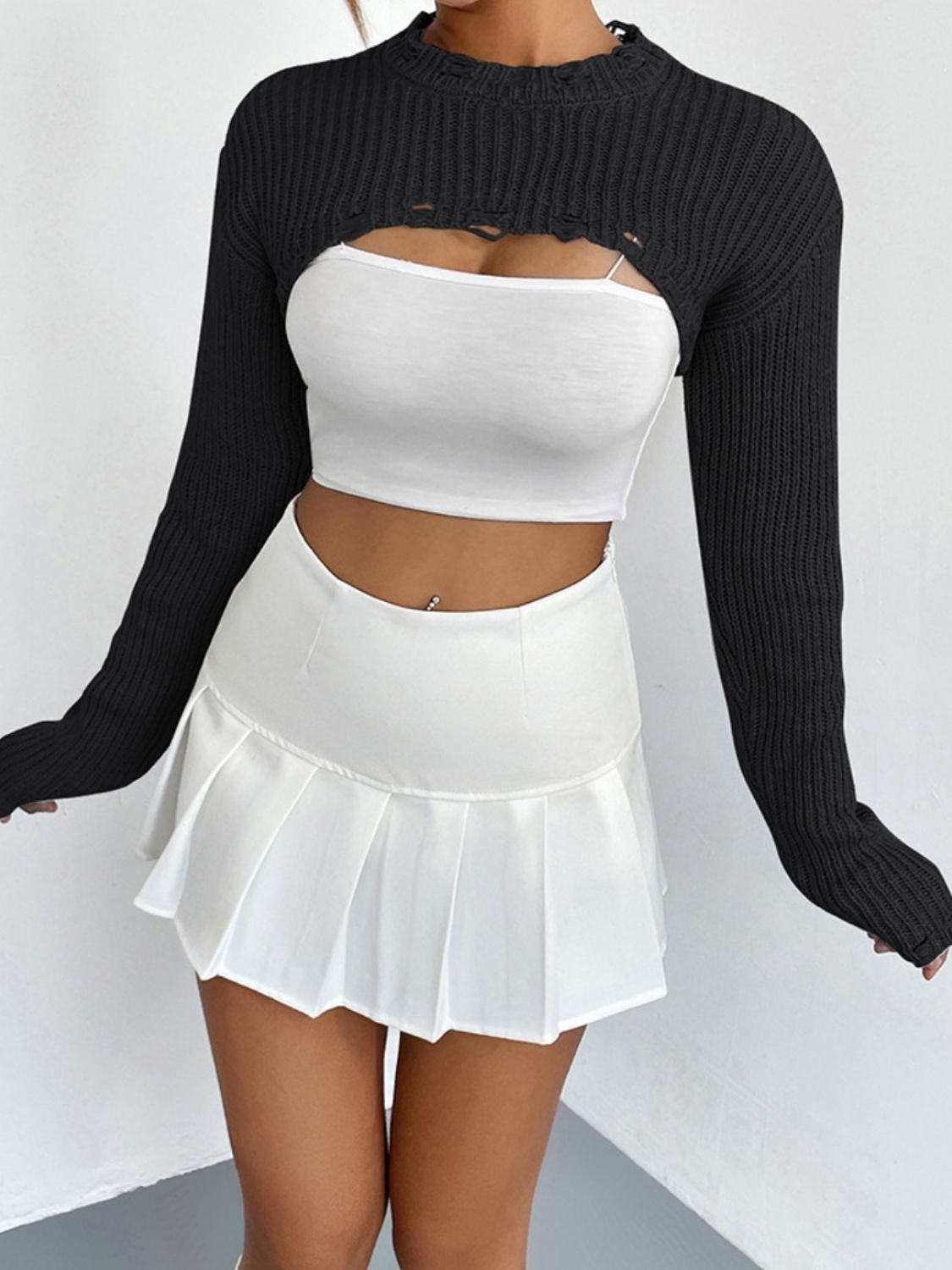 Distressed Long Sleeve Cropped Sweater - Tantalize Boutique