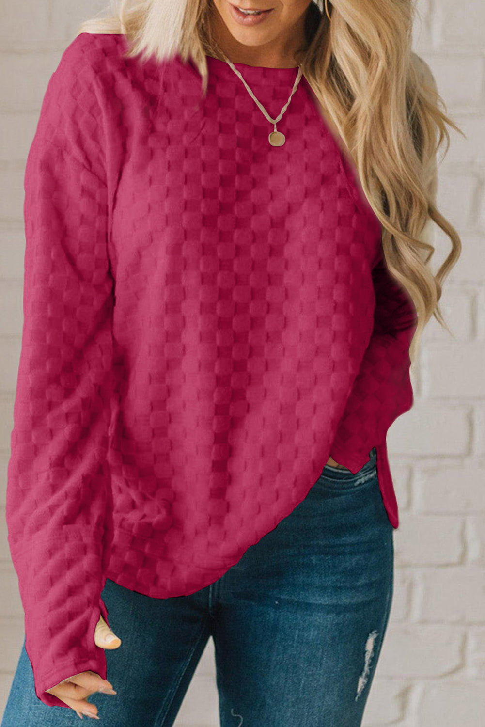 Checkered Round Neck Long Sleeve T-Shirt - Tantalize Boutique