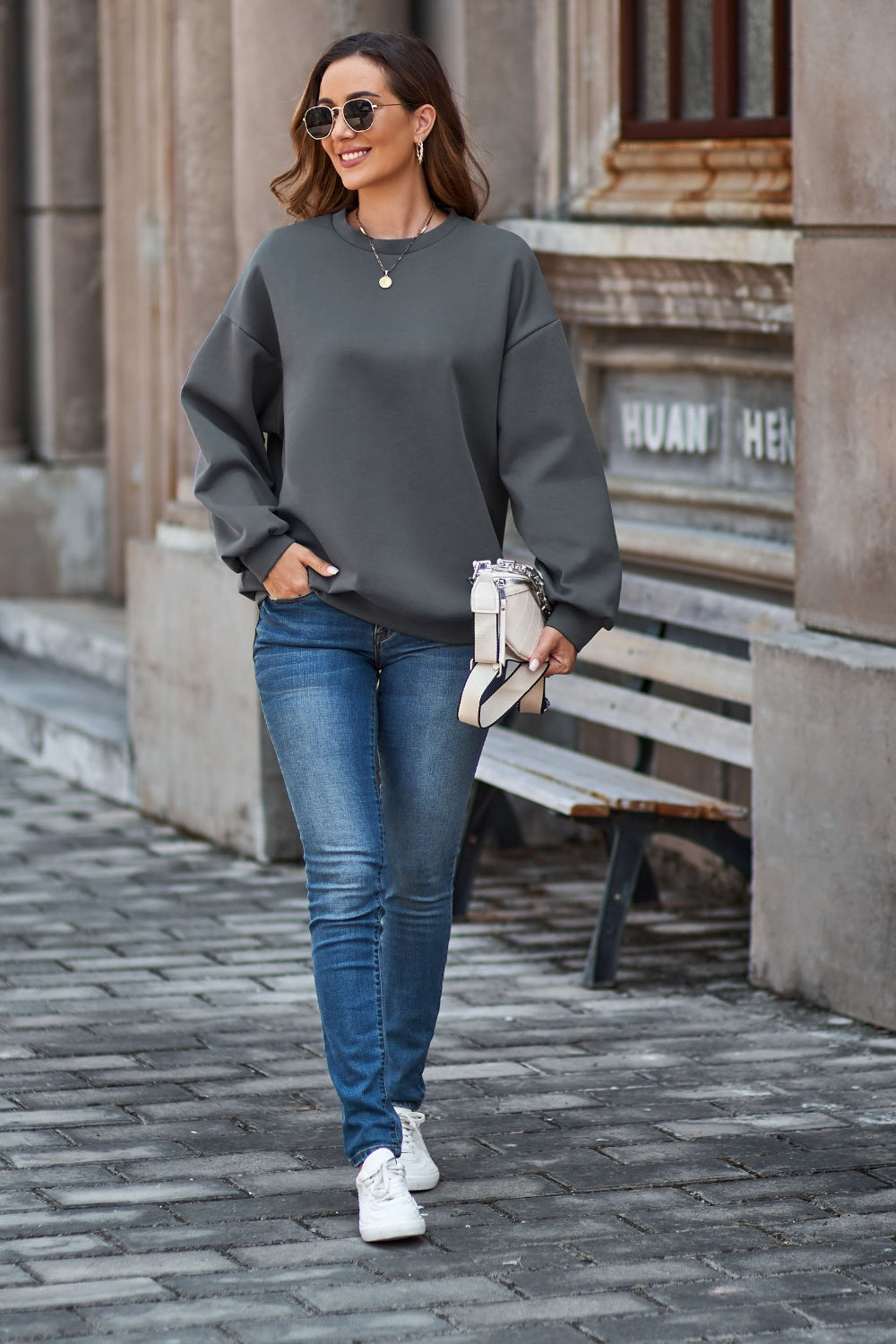 Round Neck Dropped Shoulder Sweatshirt - Tantalize Boutique