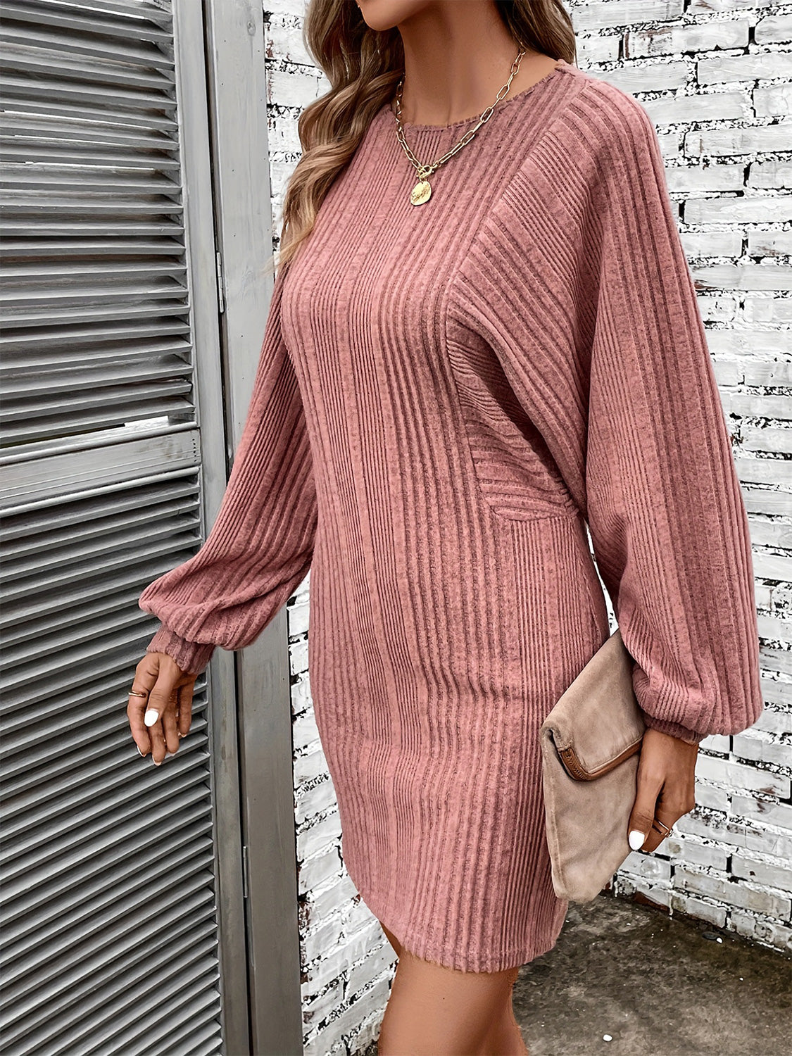 Ribbed Round Neck Long Sleeve Dress - Tantalize Boutique
