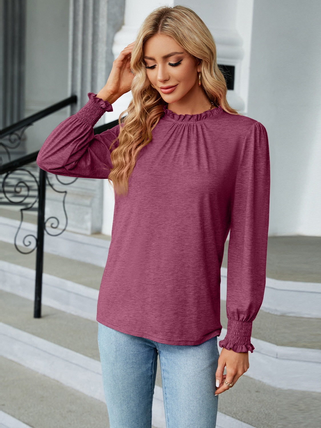Frill Mock Neck Long Sleeve Blouse - Tantalize Boutique