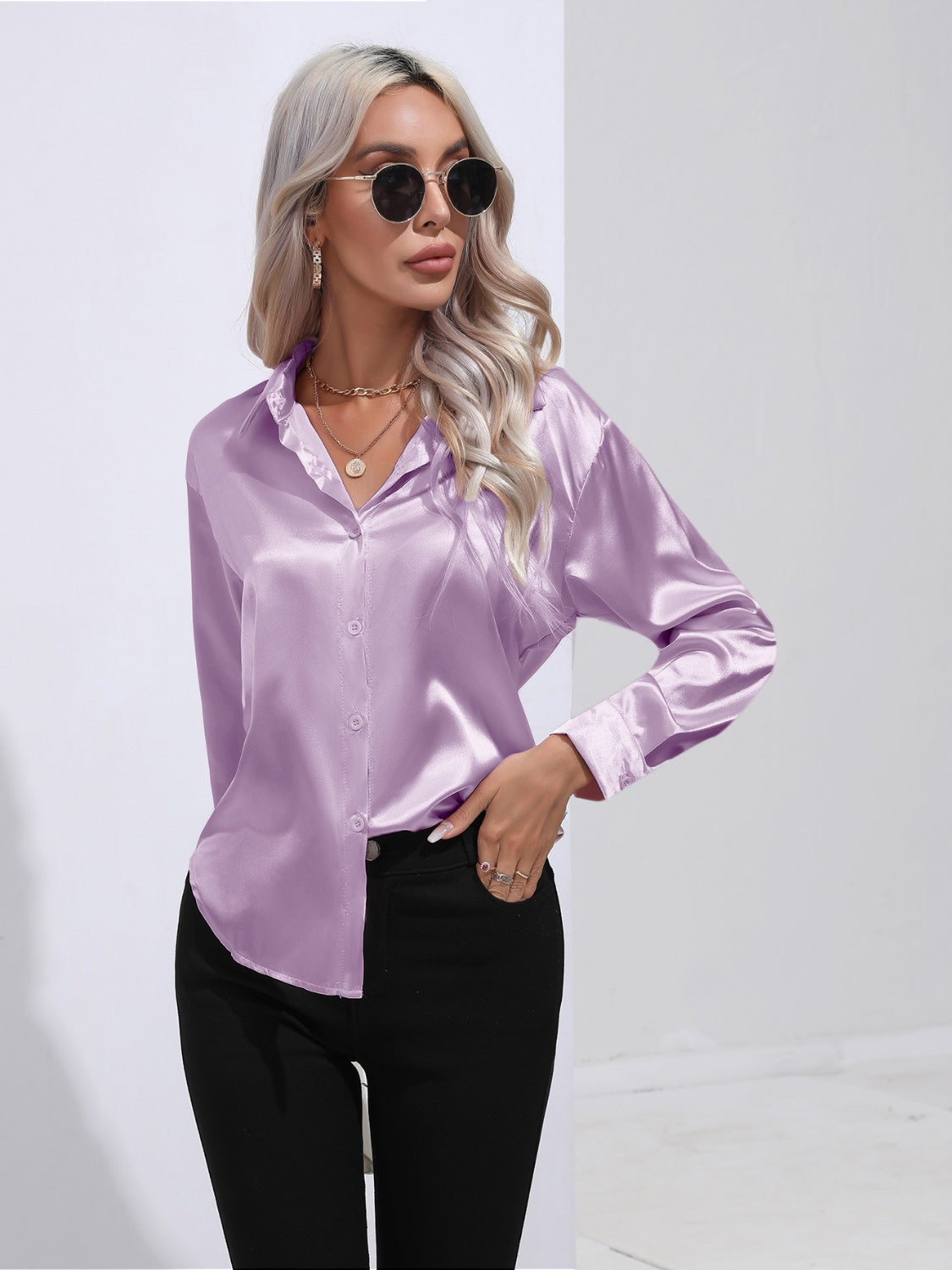Collared Neck Buttoned Long Sleeve Shirt - Tantalize Boutique