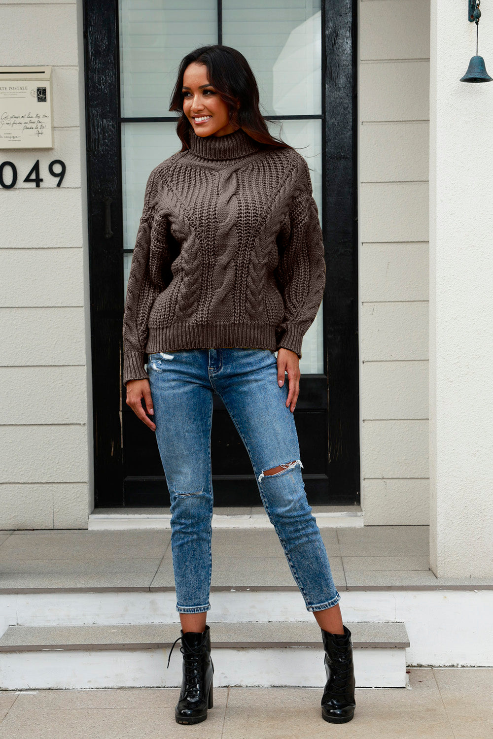 Cable-Knit Turtleneck Long Sleeve Sweater - Tantalize Boutique