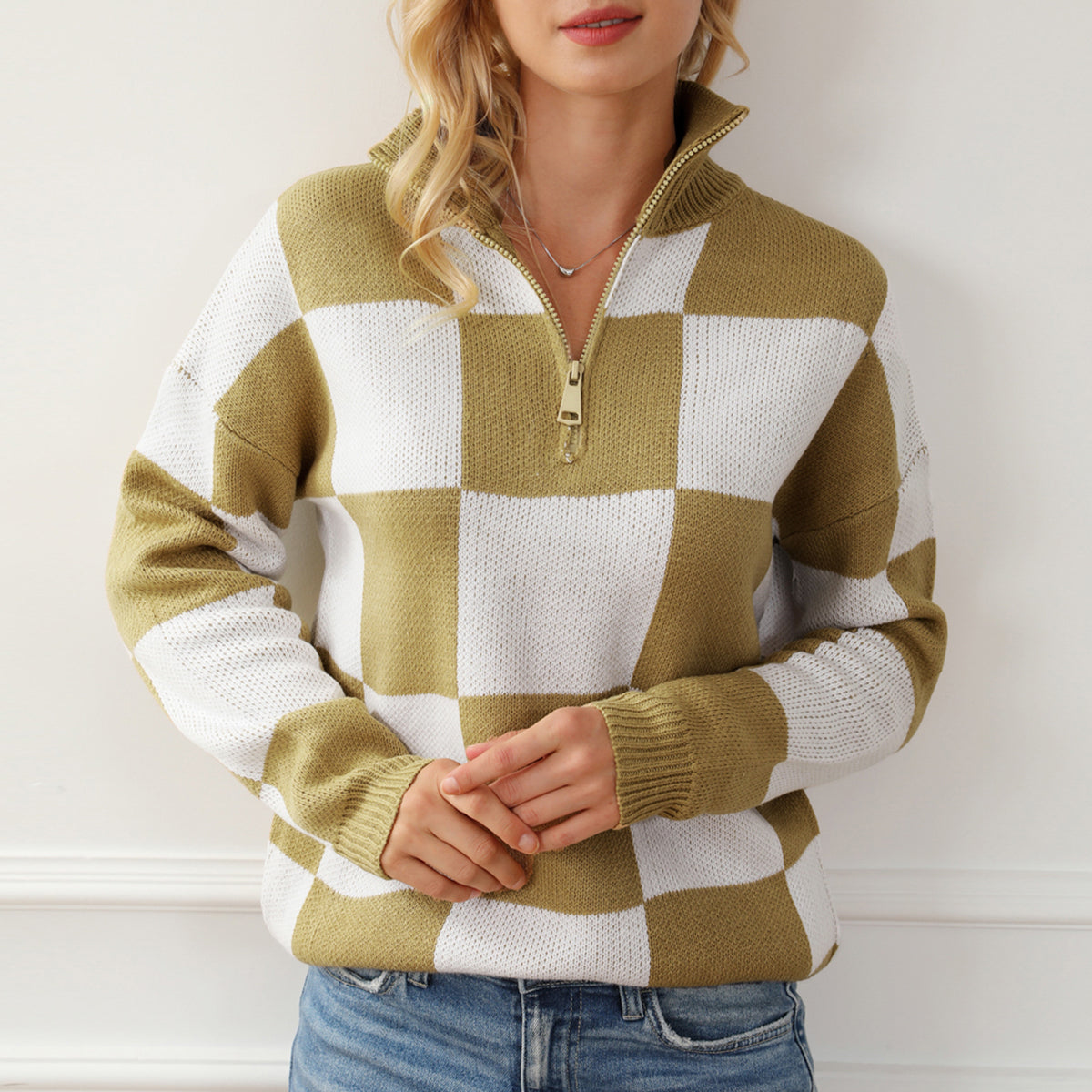 Checkered Half Zip Long Sleeve Sweater - Tantalize Boutique