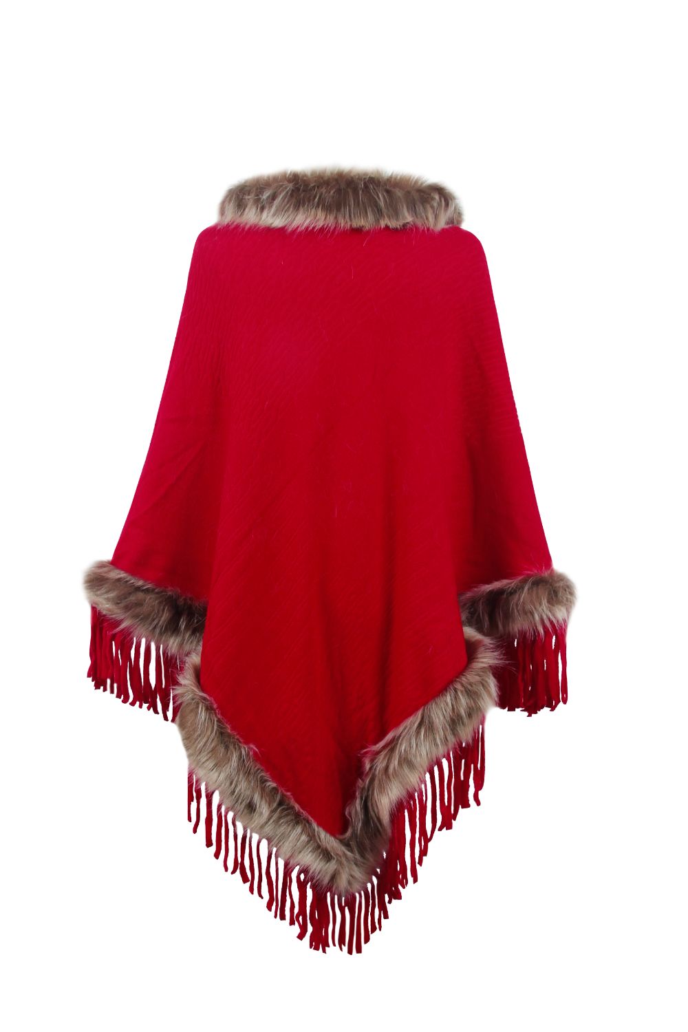 Faux Fur Trim Fringed Poncho - Tantalize Boutique