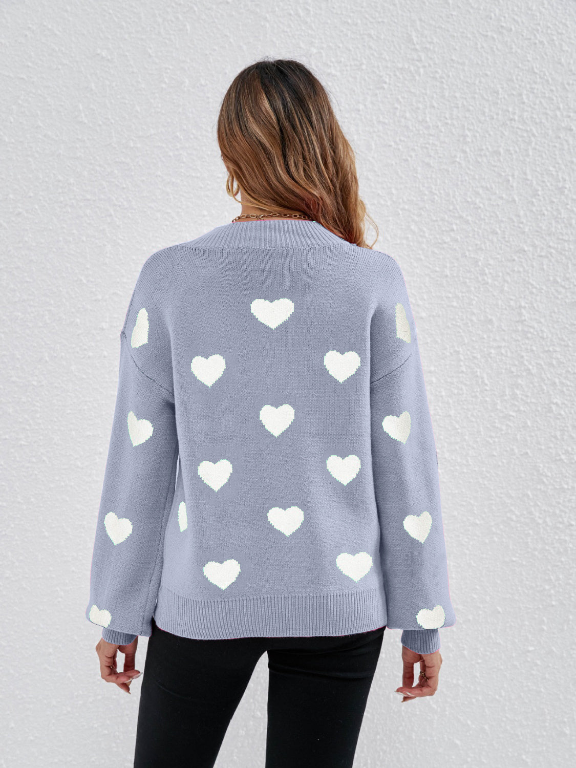 Heart Round Neck Dropped Shoulder Sweater - Tantalize Boutique