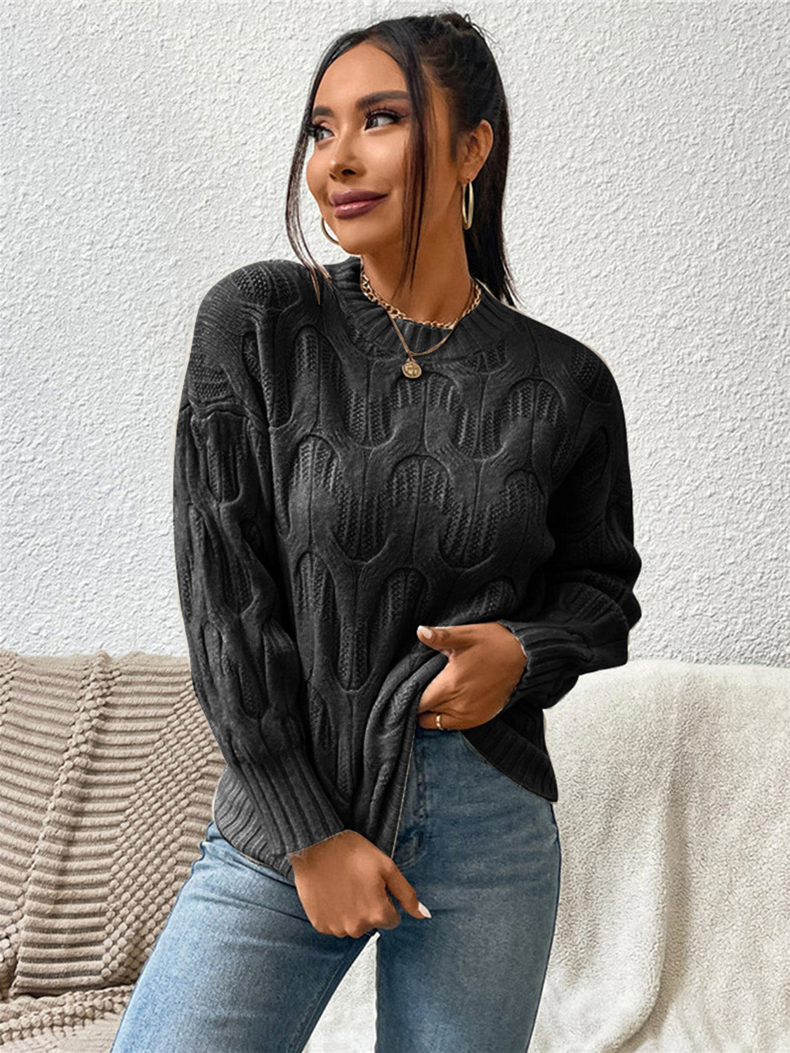 Round Neck Long Sleeve Sweater - Tantalize Boutique