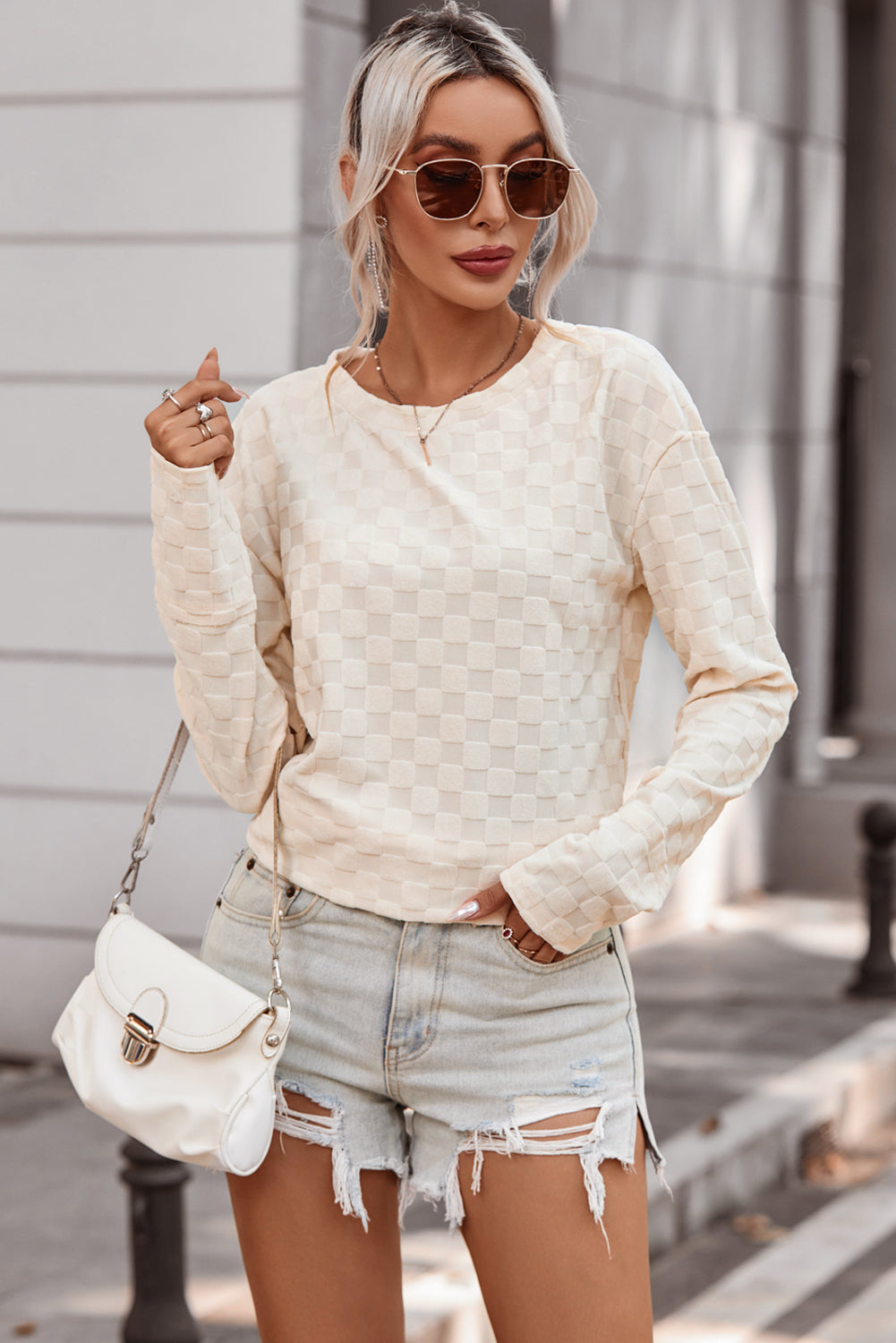Checkered Round Neck Long Sleeve T-Shirt - Tantalize Boutique