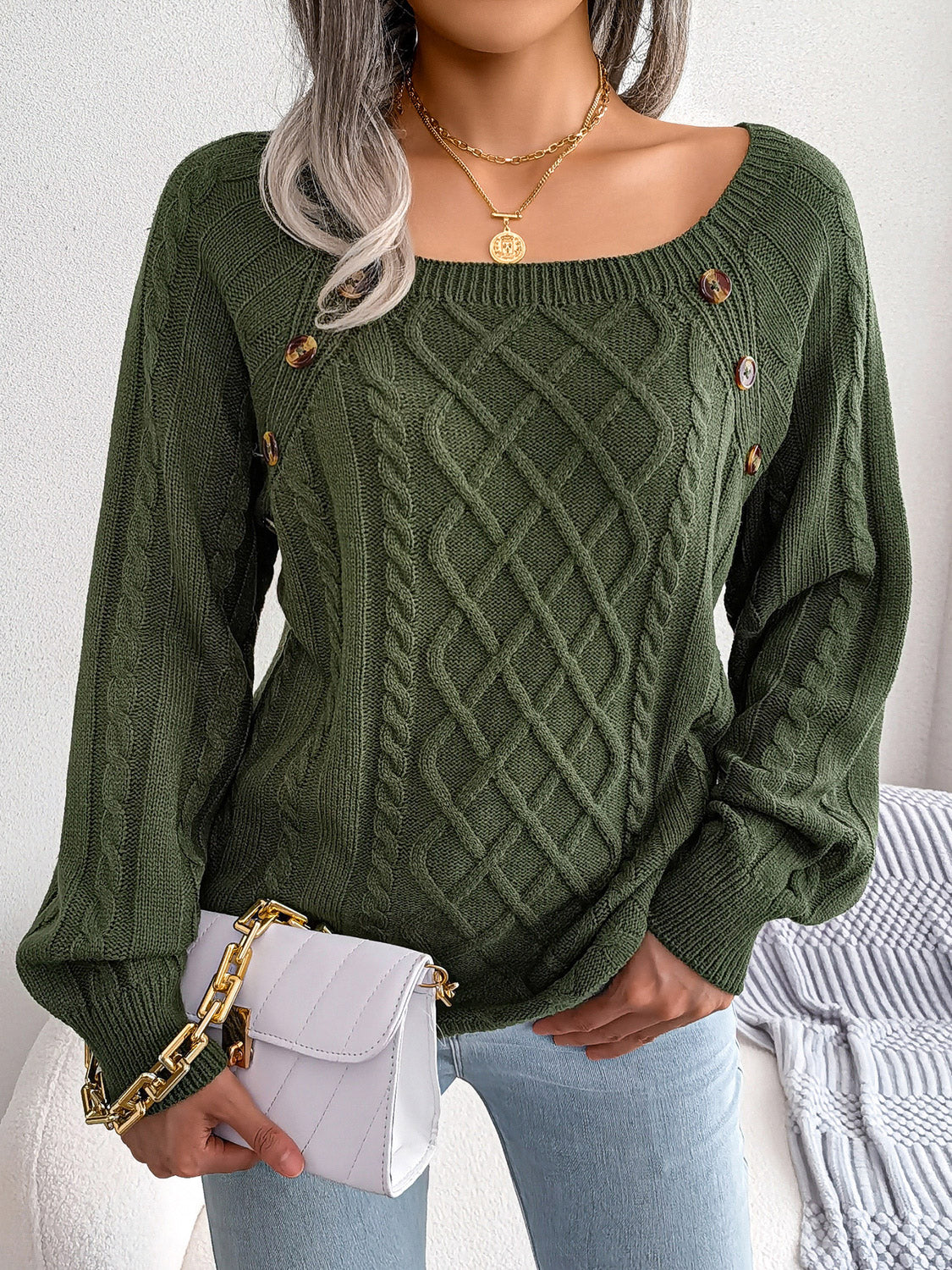 Decorative Button Cable-Knit Sweater - Tantalize Boutique