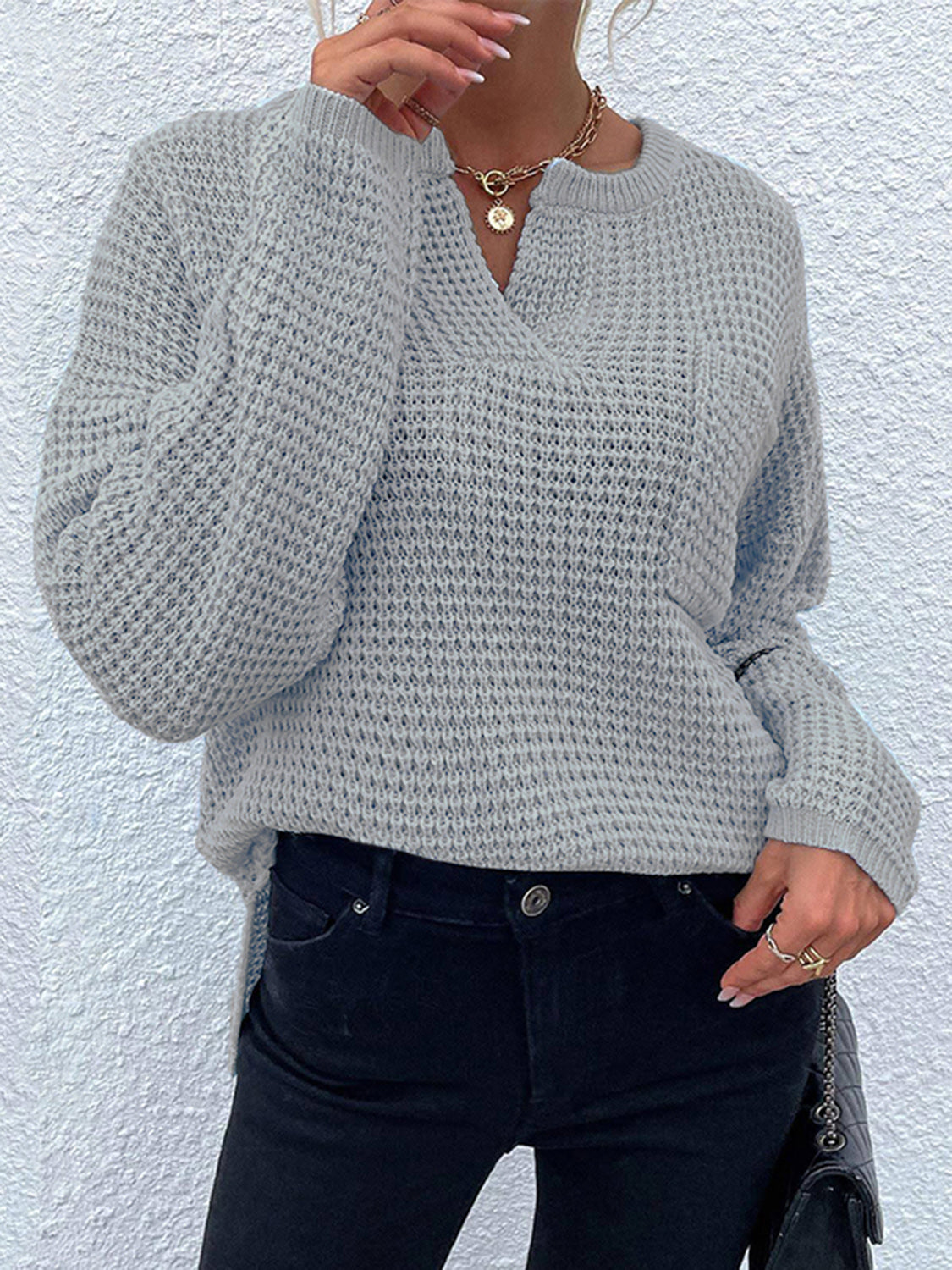 Notched Long Sleeve Sweater - Tantalize Boutique