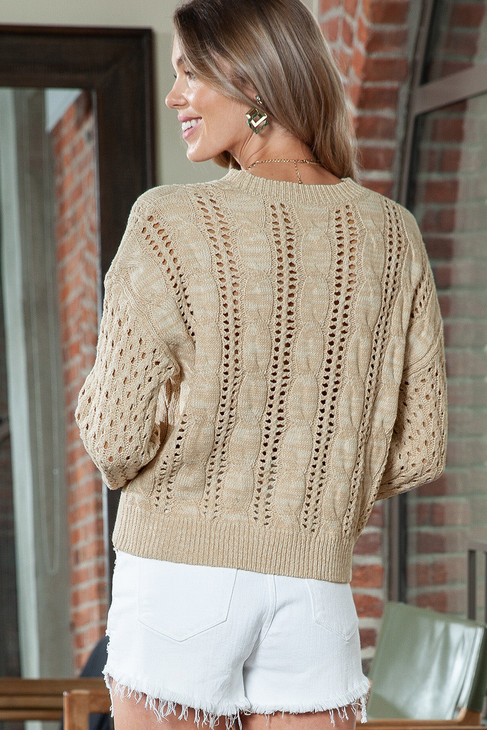 Full Size Openwork Cable-Knit Round Neck Knit Top - Tantalize Boutique