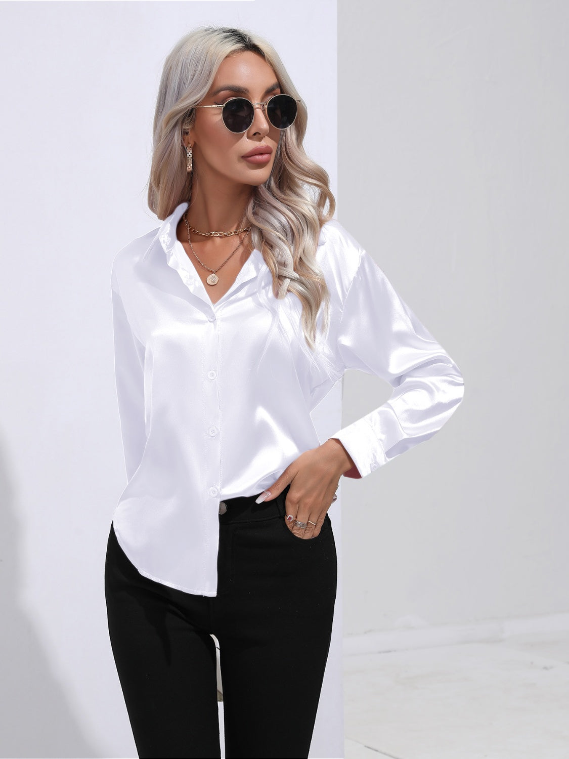 Collared Neck Buttoned Long Sleeve Shirt - Tantalize Boutique