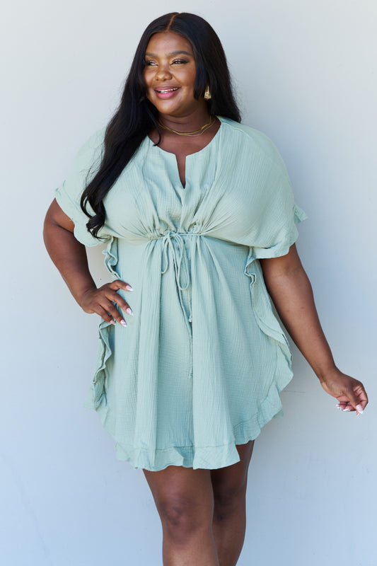 Ninexis Out Of Time Full Size Ruffle Hem Dress with Drawstring Waistband in Light Sage - Tantalize Boutique
