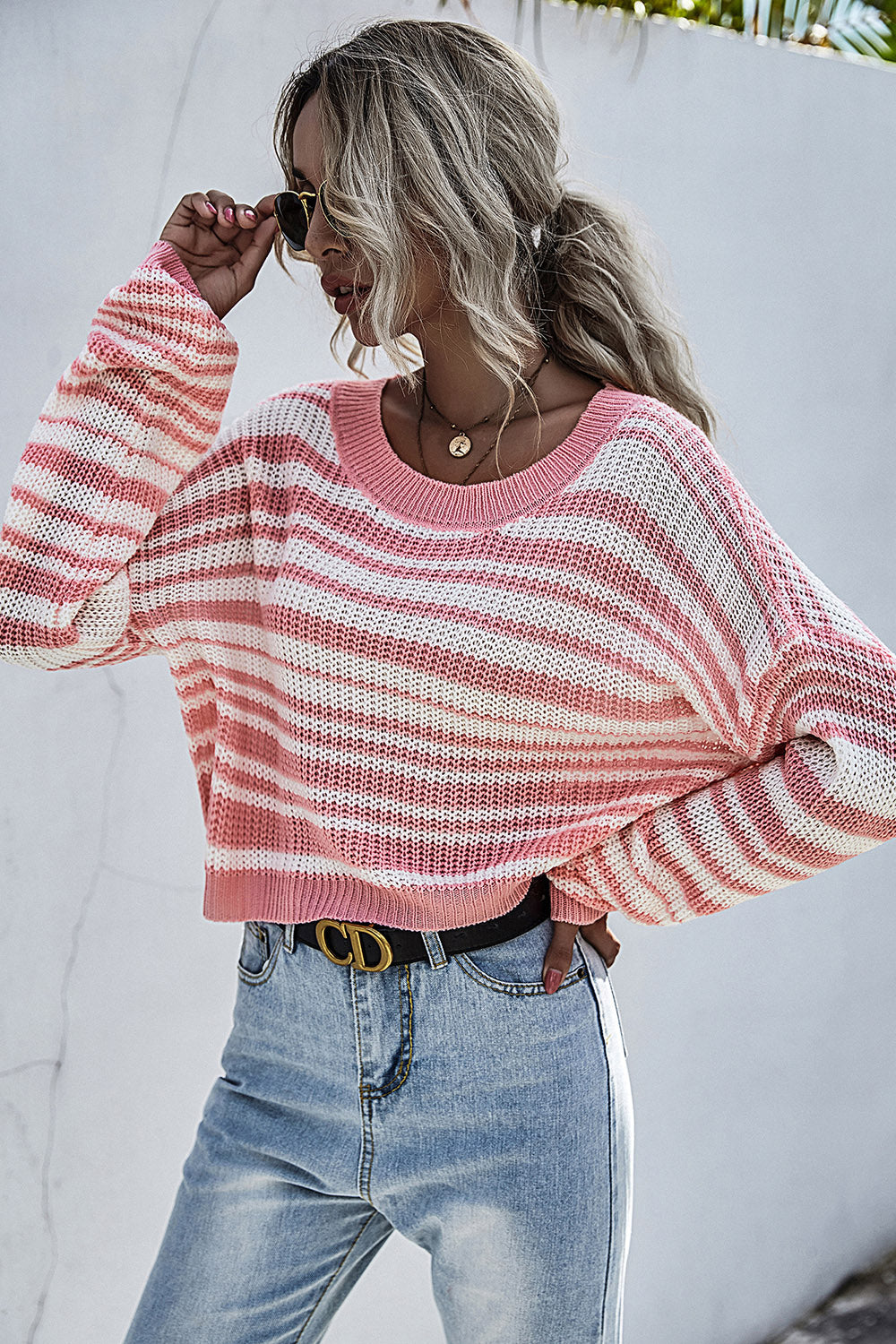 Striped Round Neck Dropped Shoulder Sweater - Tantalize Boutique