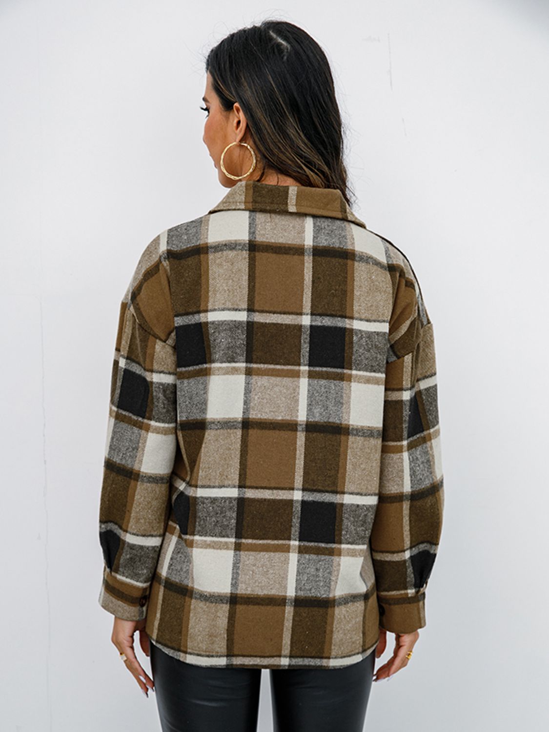 Plaid Button Up Collared Neck Jacket - Tantalize Boutique