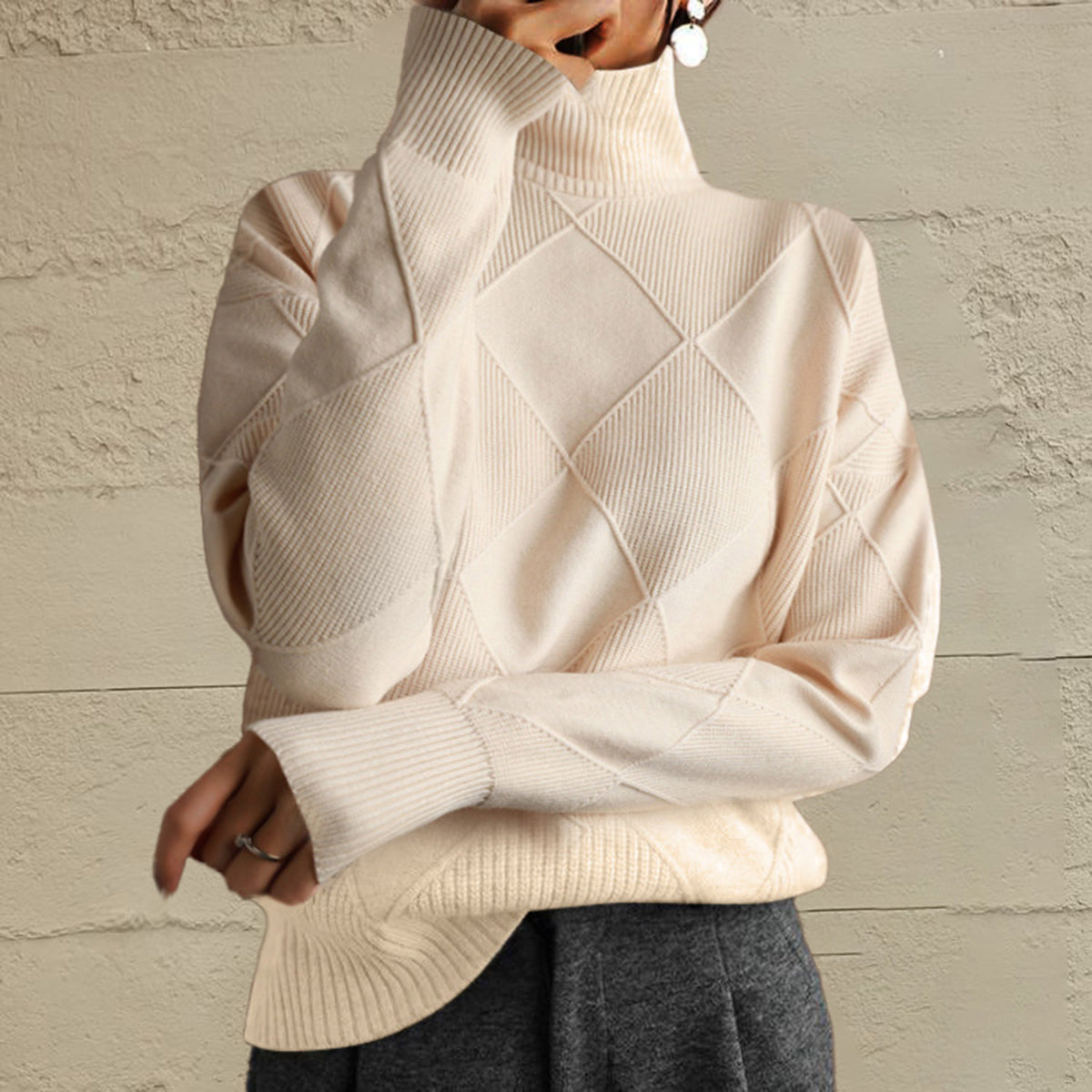 Geometric Turtleneck Long Sleeve Sweater - Tantalize Boutique