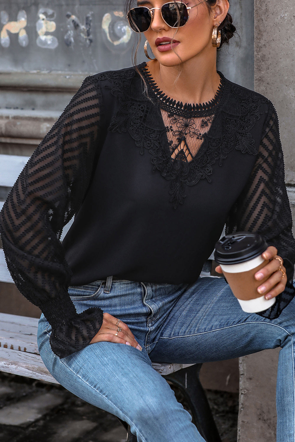 Lace Detail Smocked Flounce Sleeve Blouse - Tantalize Boutique