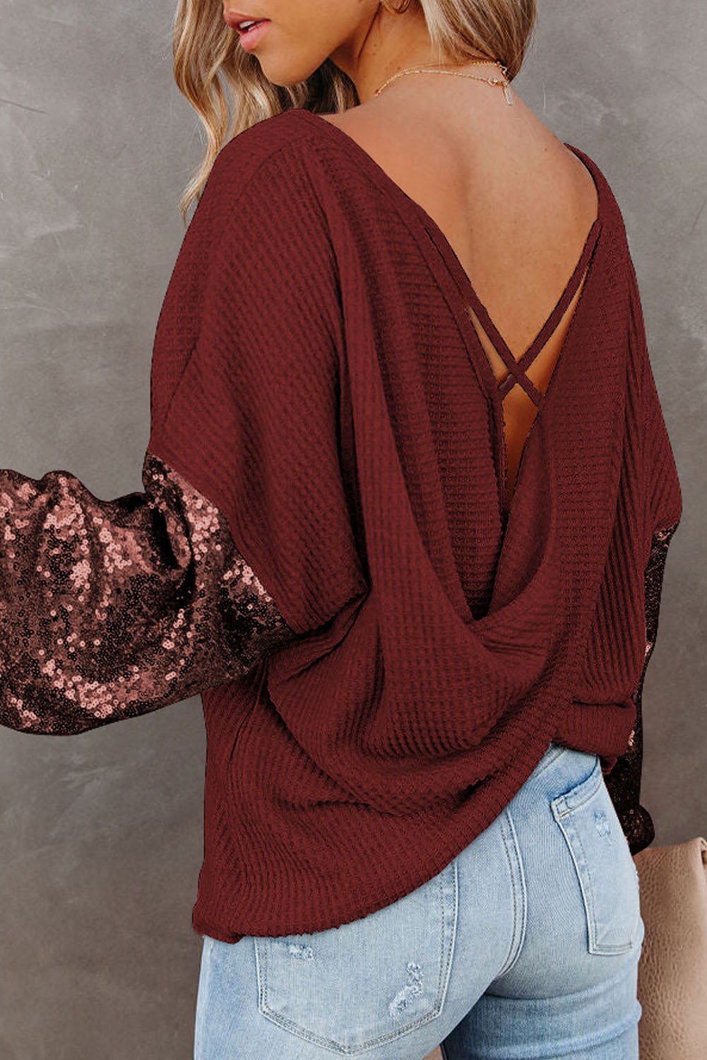 Sequin Waffle-Knit Blouse - Tantalize Boutique