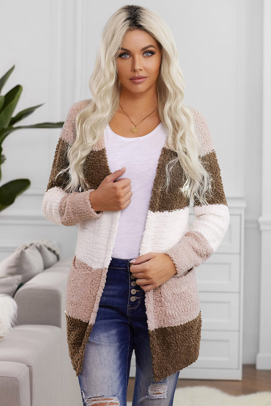 Color Block Open Front Pocketed Cardigan - Tantalize Boutique